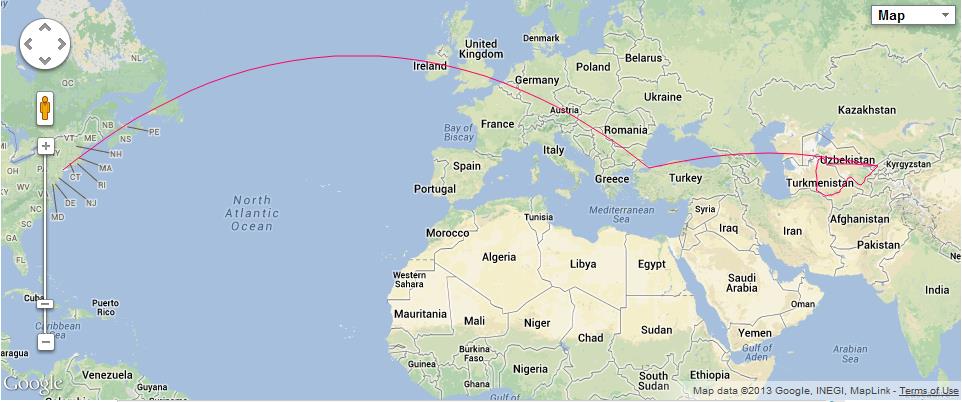 The red line represents the entire trip including flights and car travel.