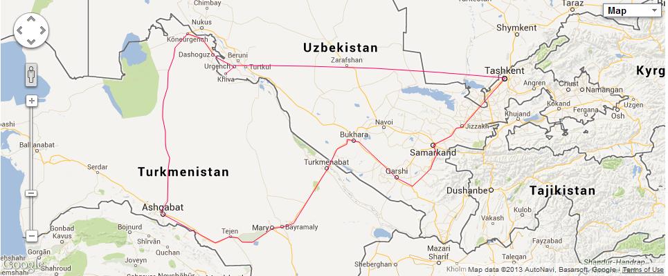 The red line represents the exact path we took in UZ and TM beginning in Tashkent, UZ traveling counterclockwise.  